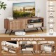 Mid-century modern oak TV stand showcasing open shelves and a storage cabinet, perfect for organizing media items.