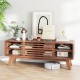 Brown TV stand for TVs up to 55" featuring sliding door, adjustable shelves, and solid rubber wood legs for living room.