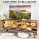 Brown TV stand for TVs up to 55" featuring sliding door, dual adjustable shelves, and two roomy cabinets for storage.
