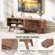 Brown TV stand for TVs up to 55" featuring a sliding door, adjustable shelves, and splayed rubber wood legs.