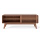 Brown TV stand for TVs up to 55", featuring a sliding door, adjustable shelves, and solid rubber wood legs.