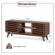 Walnut TV stand with sliding doors, adjustable shelves, and splayed rubber wood legs, designed for TVs up to 65".