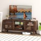 Walnut TV stand with two roomy cabinets and sliding doors, featuring adjustable shelves for versatile living room.