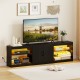 TV stand in black for TVs up to 85 inches, featuring RGB LED lights, open shelves, and a 2-door cabinet for storage.