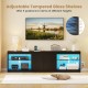 Adjustable tempered glass shelves on a black TV stand with RGB LED lighting, perfect for TVs up to 85 inches.
