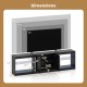Dimensions of the black TV stand for TVs up to 85 inches, featuring adjustable shelves and built-in power outlets.