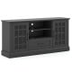 Black TV stand for TVs up to 70 inches, featuring glass doors, adjustable shelves, and a central drawer for storage.