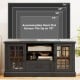 Black TV stand accommodating TVs up to 70 inches, featuring glass doors, adjustable shelves, and a large drawer for.