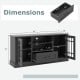 Dimensions of a black TV stand for TVs up to 70 inches, featuring adjustable shelves, drawers, and glass doors.