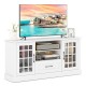 White TV stand with glass doors, adjustable shelves, and drawer, designed for TVs up to 70 inches, perfect for living.