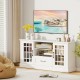 White TV stand for TVs up to 70 inches featuring glass doors, adjustable shelves, and a large drawer for versatile.