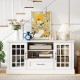 White TV stand with glass doors, adjustable shelves, and a drawer, suitable for TVs up to 70 inches, ideal for living.