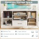 TV stand with glass doors, two open shelves, and a drawer, designed for TVs up to 70 inches, in white finish.
