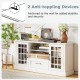 White TV stand with glass doors, adjustable shelves, and drawer, designed for TVs up to 70 inches, ideal for living.