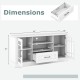 Dimensions of the white TV stand for TVs up to 70 inches, featuring adjustable shelves and a large drawer.