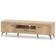 TV stand in oak finish with 2 cabinets and storage drawer, designed for TVs up to 65 inches, featuring sleek handles.