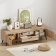 TV stand in oak with 2 cabinets and storage drawer, designed for 65-inch TVs, featuring sleek handles and metal legs.