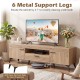 TV stand in oak with 6 metal support legs, 2 cabinets, and storage drawer, elevating 4.7 inches for easy cleaning.
