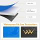 Blue waterproof trampoline safety pad showcasing 320 m² PVC and 0.6" EPE foam padding for all-weather protection.