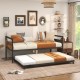 Twin metal daybed with trundle, featuring lockable wheels and an industrial design, perfect for living rooms or guest.
