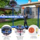 Trampoline with basketball hoop, safety enclosure net, and included basketball for outdoor recreational fun.