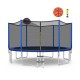 12-foot outdoor trampoline with enclosure net, basketball hoop, and ladder for safe recreational fun.