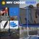 Close-up of the 12 ft outdoor trampoline with enclosure net, featuring padded poles and a sturdy basketball hoop.