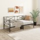 Twin size platform bed in black metal with stylish backrest, serving as a cozy sofa for small spaces and storage.