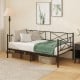 Twin size platform bed with heavy-duty metal frame, stylish backrest, and cozy seating for small spaces.