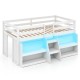 Twin size loft bed in white with LED lights, staircase, safety guardrail, and two built-in bookshelves for storage.