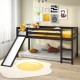 Twin size low sturdy loft bed in dark brown with slide, guardrails, and space underneath for play or storage.
