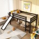 Twin size low loft bed in dark brown with slide, guardrails, and wide ladder, ideal for children's playroom.