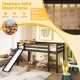 Twin size low loft bed in dark brown with slide, sturdy wood frame, and guardrails for children's safety and fun.