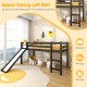 Twin size low sturdy loft bed in dark brown with slide, guardrails, and spacious under-bed area for play and storage.