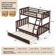 Twin over full bunk bed in espresso with trundle, ladder, and sturdy wooden slats for space-saving design.