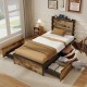 Twin bed frame with 4 large storage drawers, featuring a modern slatted headboard and built-in charging station.