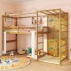 Twin bunk bed with jungle gym features a climbing ladder, rock wall, and solid wood frame for durability and fun.