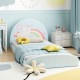 Twin floor bed frame with a soft unicorn headboard, blue upholstery, and included 210D oxford cloth floor mat for kids.
