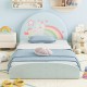 Twin floor bed frame with a soft unicorn headboard, blue upholstery, and a 210D oxford cloth floor mat for kids.