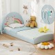 Twin floor bed frame in blue with unicorn design, soft headboard, and included 210D oxford cloth floor mat for kids.