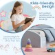 Upholstered twin floor bed frame with soft-padded headboard and cute unicorn patterns, perfect for kids' independence.