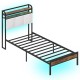 Twin size bed frame with LED light, charging station, and sturdy metal slats for reliable support and under-bed storage.