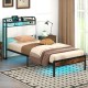 Twin size bed frame with LED light, charging station, and storage headboard for stylish and functional bedroom use.
