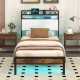 Twin size bed frame with LED light, charging station, and storage headboard for stylish bedroom organization.