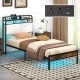 Twin size bed frame with LED light, charging station, and 2-tier storage headboard for stylish bedroom organization.