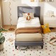 Twin size bed frame with upholstered headboard, geometric quilting, and breathable linen fabric for stylish comfort.
