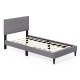 Twin size modern platform bed frame with upholstered linen fabric headboard and geometric quilting, no box spring.