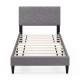 Twin size modern platform bed frame with upholstered linen fabric headboard and geometric quilting for stylish comfort.