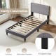 Twin size bed frame with upholstered linen headboard, sturdy LVL slats, and six support legs for modern bedroom style.