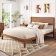 Queen size bed frame with headboard, wooden slats, and rustic charm, perfect for a cozy bedroom setup.